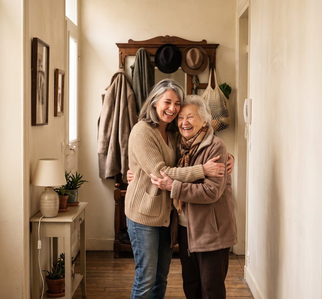 Une femme serre sa mère âgée dans ses bras, toutes deux souriantes.