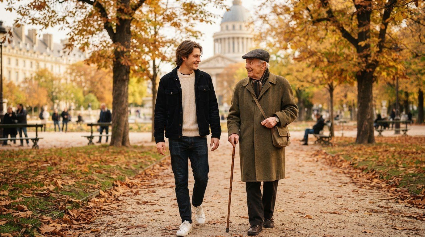 Un jeune homme et un homme âgé, canne à la main, se promènent dans une allée d’automne.