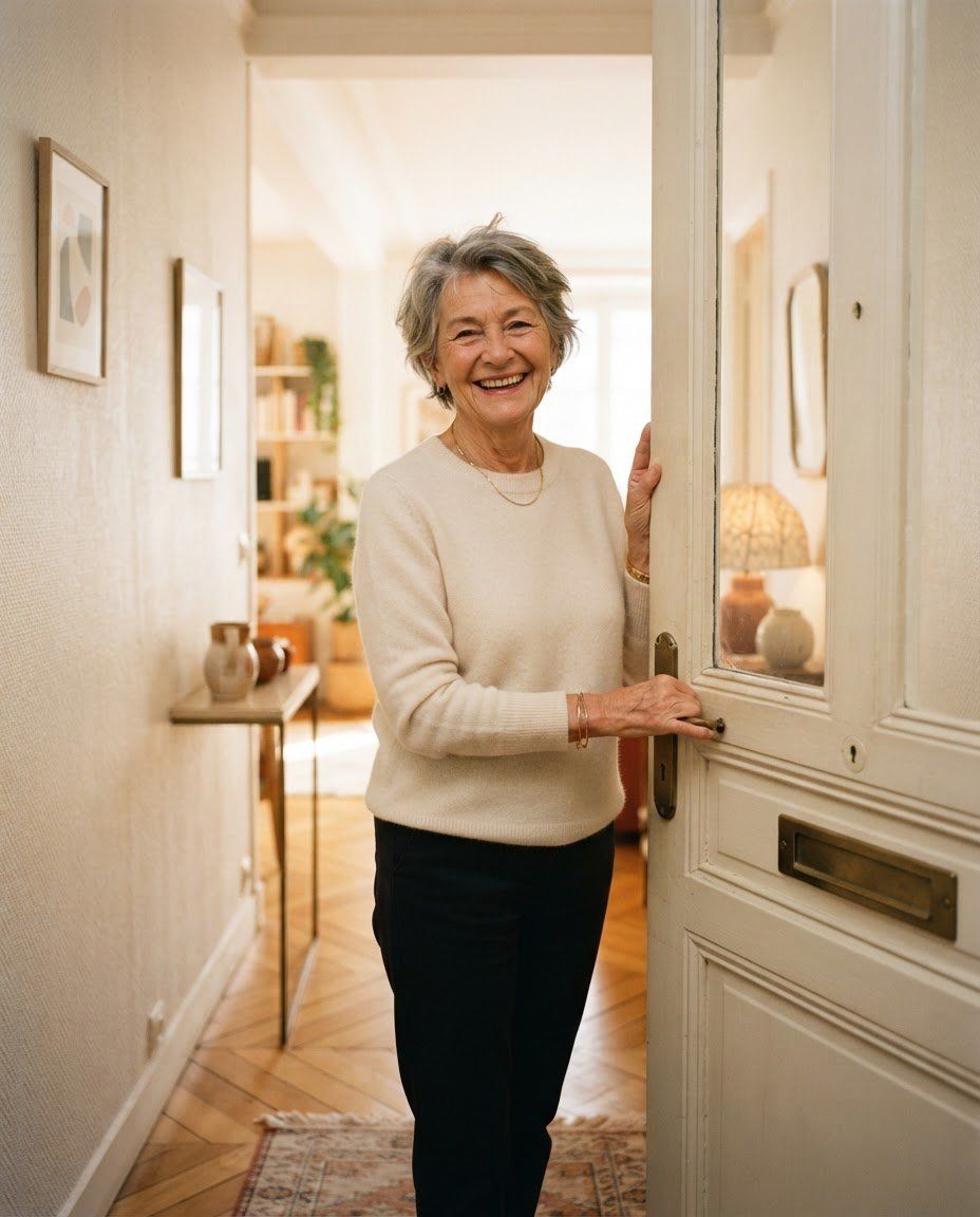 Une hébergeuse souriante ouvre la porte de son appartement.