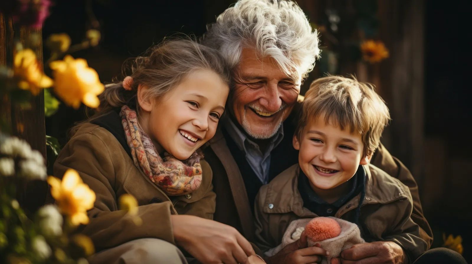 Un grand-père aux cheveux blancs serre contre lui sa petite-fille et son petit-fils, tous trois souriants, près de fleurs jaunes.