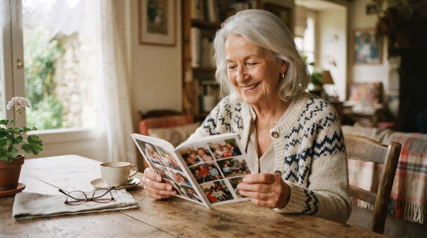 Une femme âgée aux cheveux blancs, en gilet à motifs bleus, sourit en feuilletant un journal rempli de photos de famille, assise à une table en bois près d’une fenêtre.