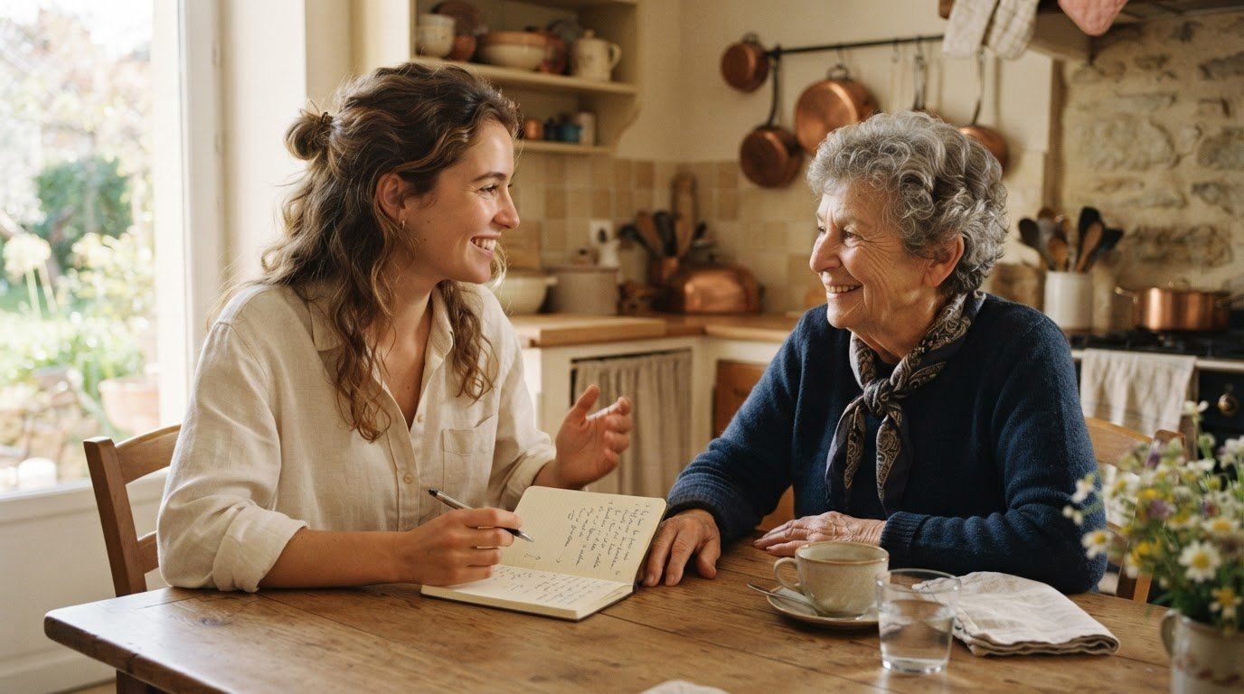 Une jeune femme, carnet et stylo en main, discute en souriant avec une dame âgée à la table d’une cuisine.