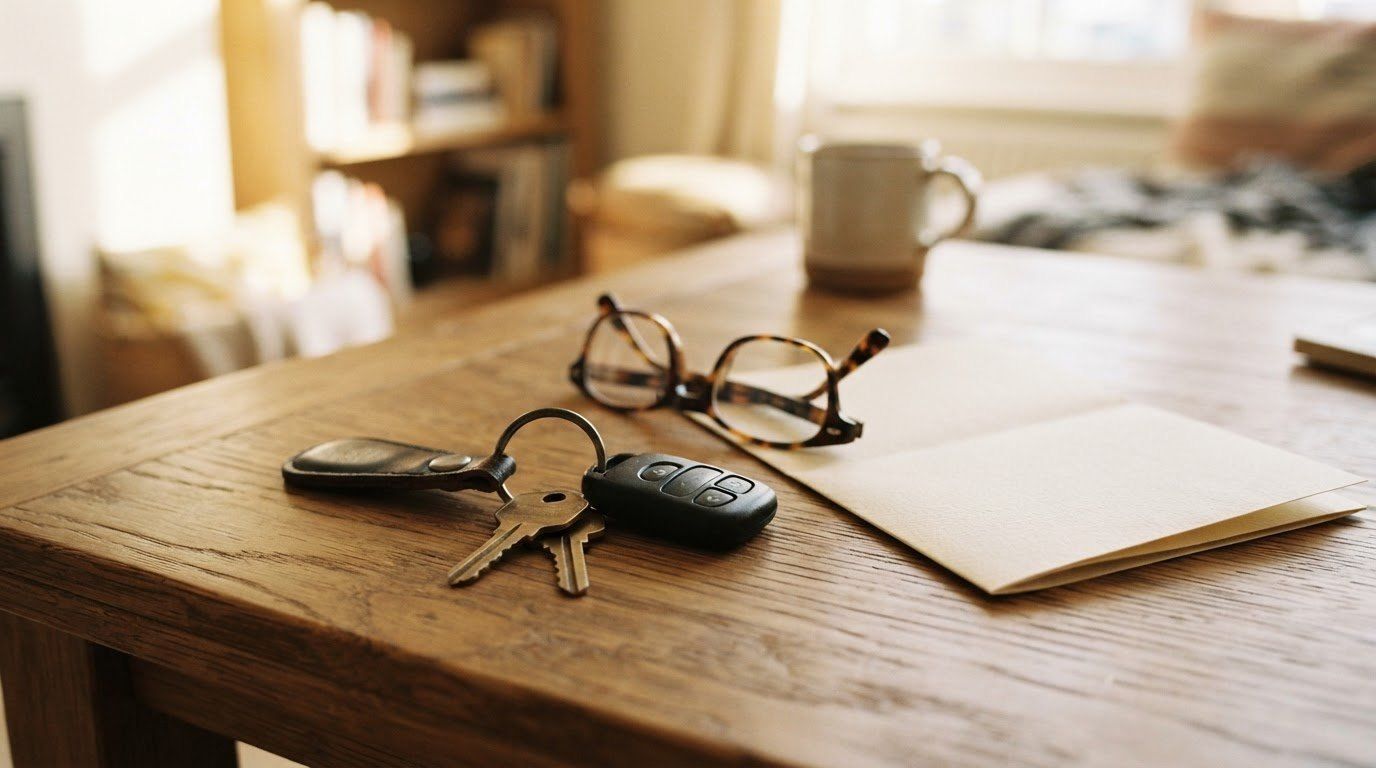 Un trousseau de clés de voiture, une paire de lunettes et une feuille pliée posés sur une table en bois, devant une tasse et un salon flou.