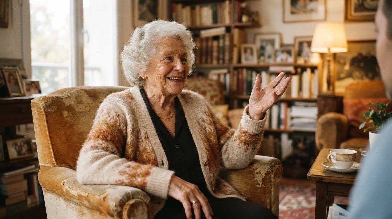 Une femme âgée aux cheveux blancs, assise dans un fauteuil de son salon, parle en souriant à un jeune homme vu de dos.