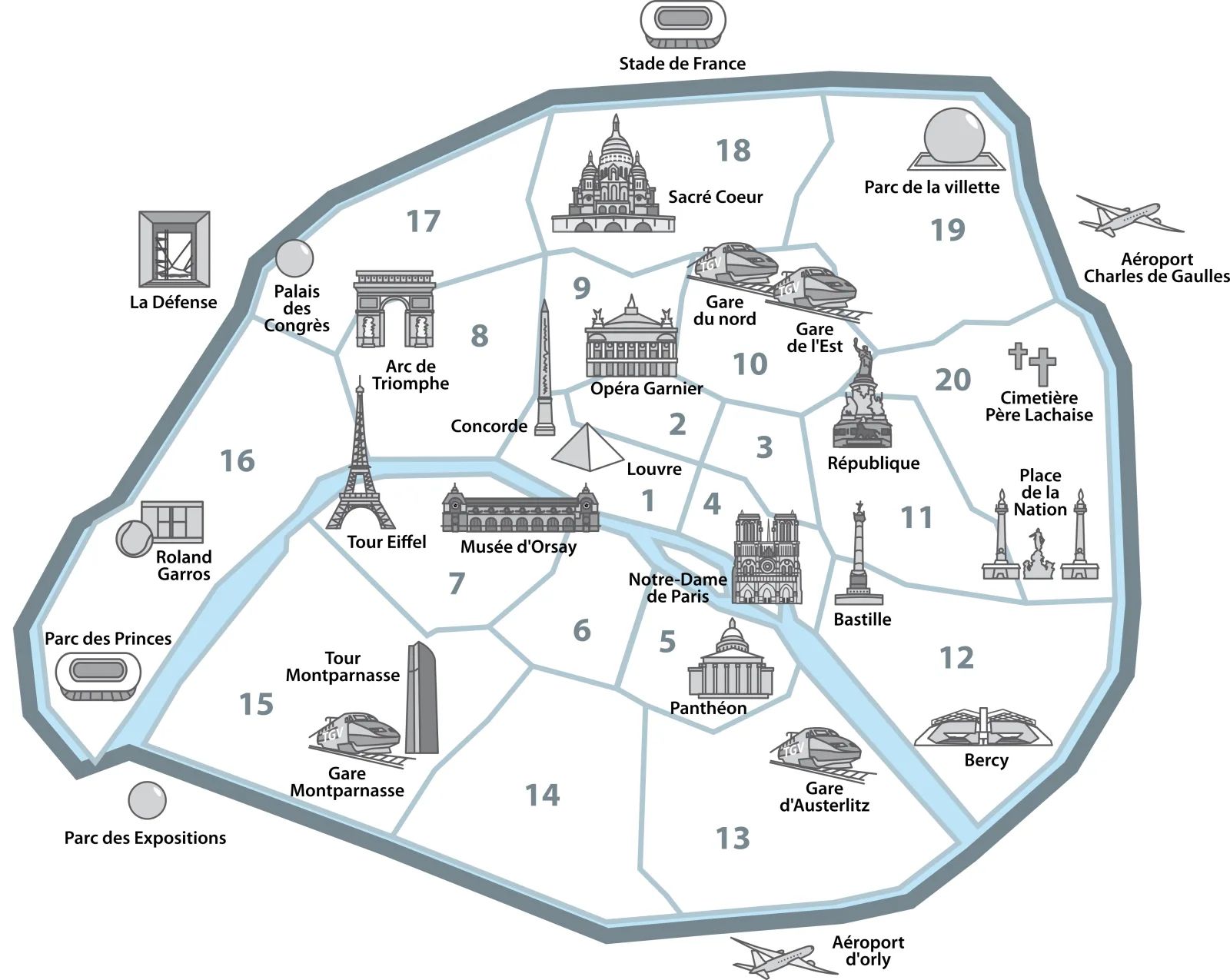 Carte illustrée de Paris : les vingt arrondissements et leurs principaux monuments, de la tour Eiffel à Notre-Dame, de l’Opéra Garnier au Louvre.