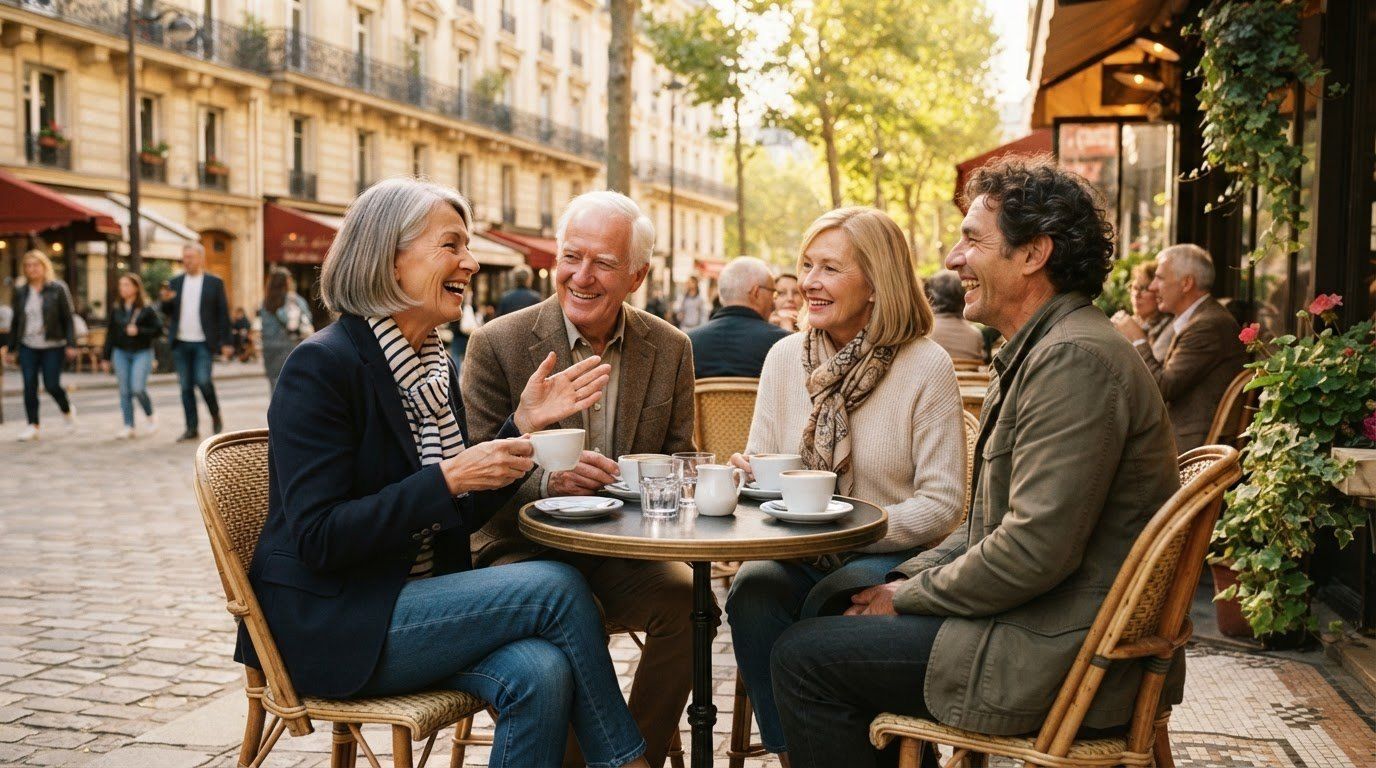 Quatre amis, dont trois seniors, rient autour de tasses de café à la terrasse d’un café, dans une rue pavée bordée d’immeubles haussmanniens.