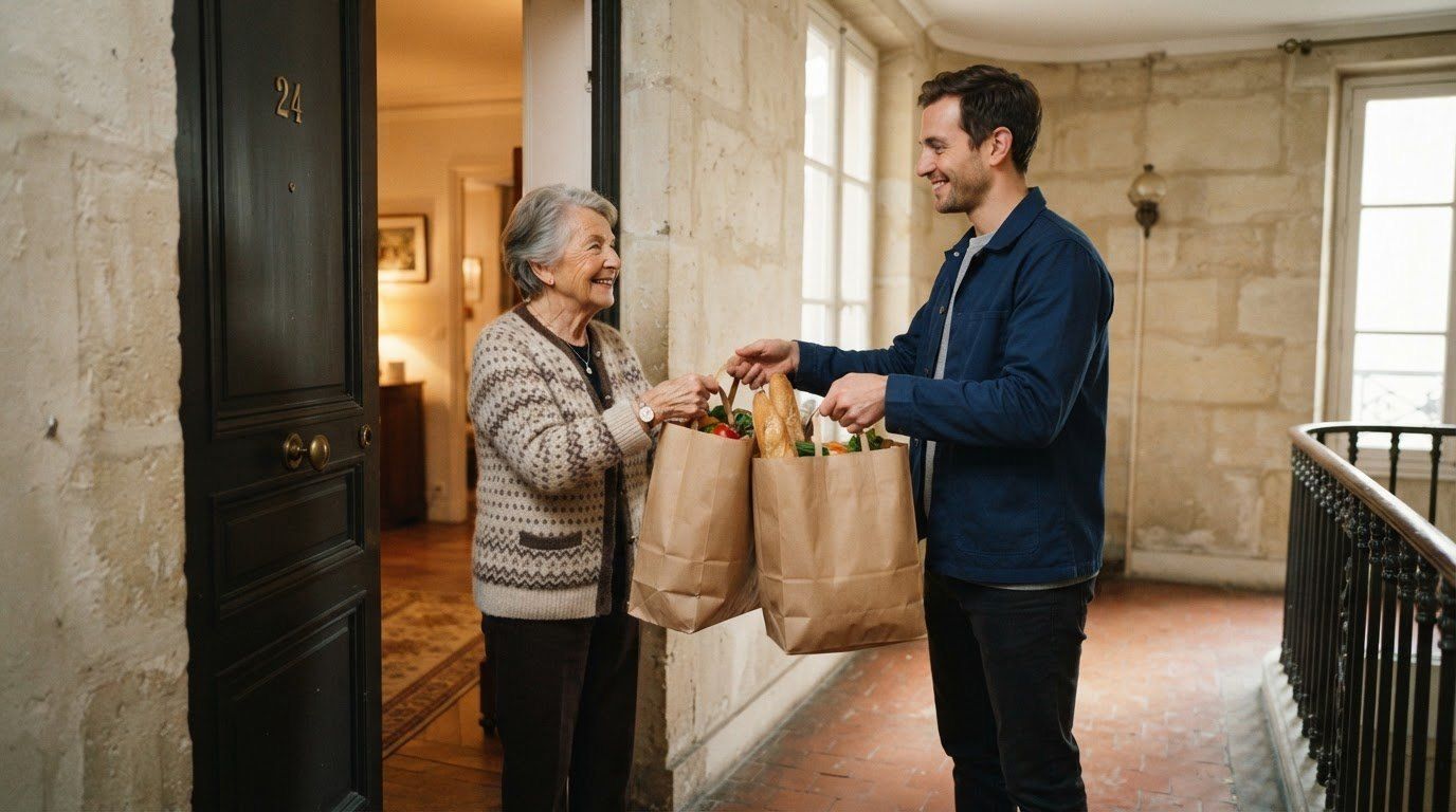 Sur le palier d’un immeuble, un jeune homme souriant tend deux sacs en papier remplis de courses à une femme âgée, devant la porte ouverte de son appartement.