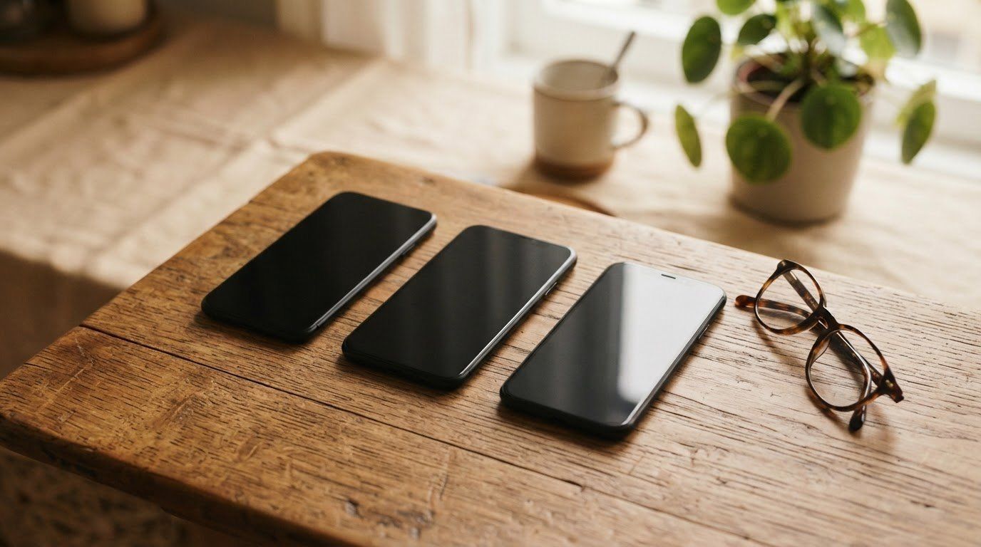 Trois smartphones noirs, écran éteint, alignés sur une table en bois à côté d’une paire de lunettes, d’une tasse et d’une plante verte.