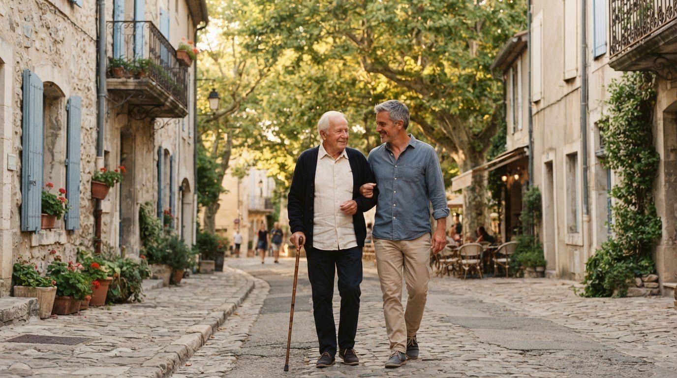 Un homme âgé, une canne à la main, marche en souriant au bras d’un homme plus jeune dans la ruelle pavée d’un village aux façades de pierre.