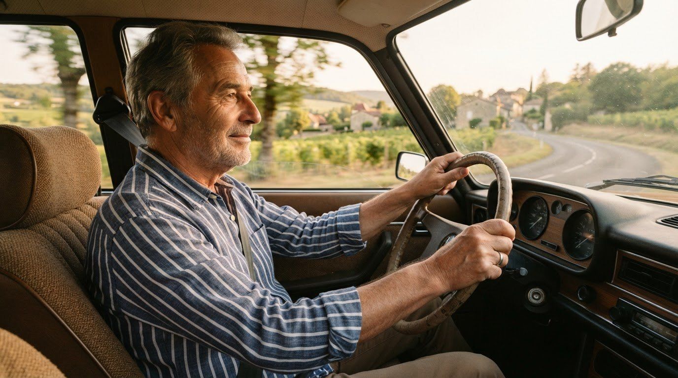 Un homme aux cheveux gris, en chemise rayée, conduit une voiture ancienne les deux mains sur le volant, sur une route de campagne bordée de vignes.