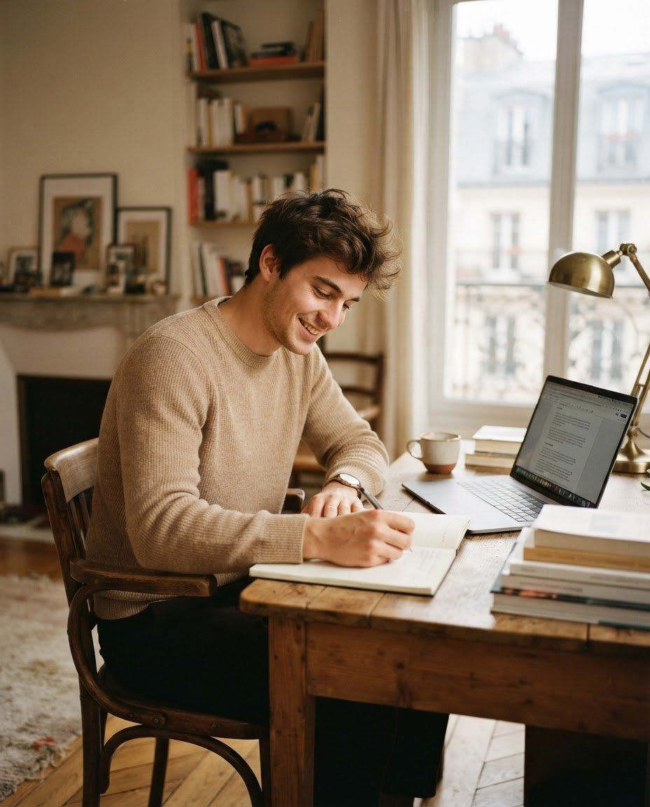 Un étudiant souriant travaille à son bureau, dans une chambre lumineuse.