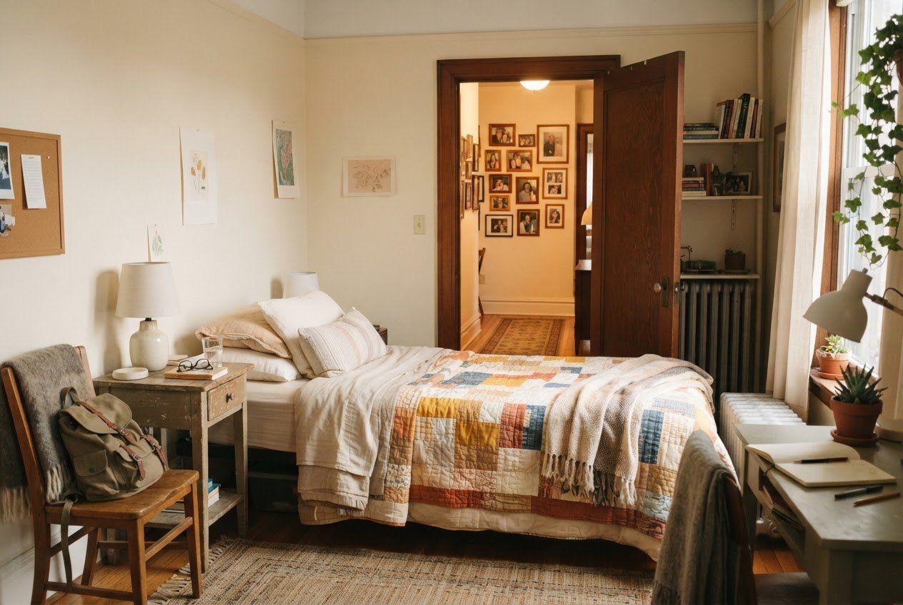 Chambre meublée dans un appartement habité, la porte ouverte sur le couloir.