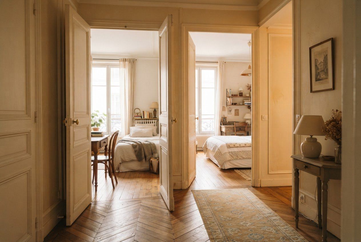 Deux chambres meublées voisines, portes ouvertes sur un même palier.
