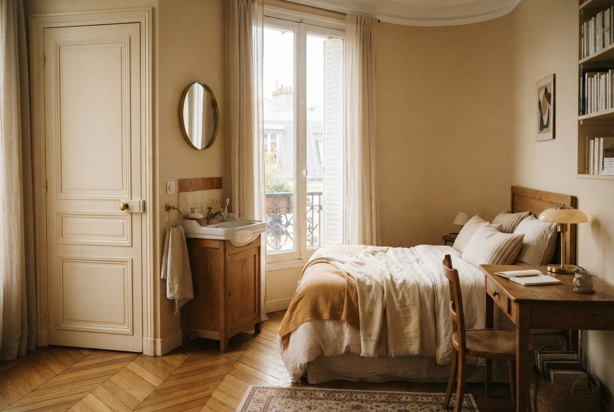 Chambre meublée à part, avec son lavabo, son lit et un bureau près de la fenêtre.