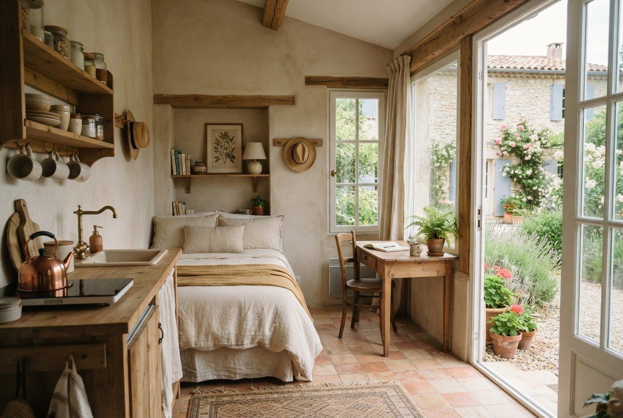 Studio indépendant avec coin cuisine, lit et bureau, ouvert sur un jardin.