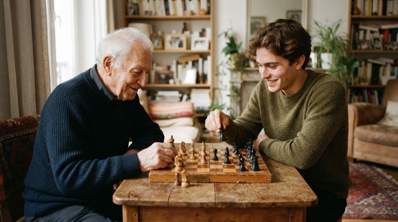 Un homme âgé et un jeune homme jouent aux échecs sur une table en bois, dans un salon garni de livres.